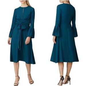 Tome Teal Blue Bell Sleeve Tie Waist Keyhole Fit & Flare Midi Dress Size 2